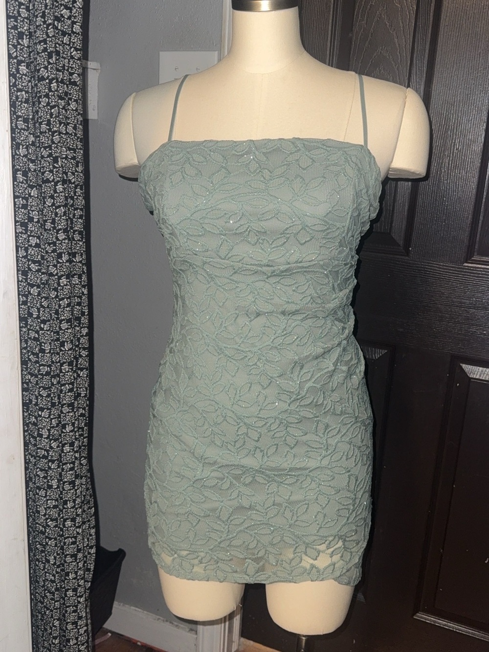 Windsor Sage Green Lace Mini Dress with Spaghetti Straps